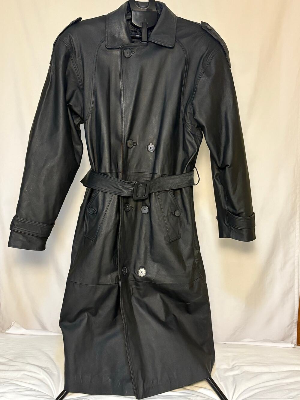 Vintage Burk’s Bay Genuine Leather Trench Coat Men’s M Black Belted